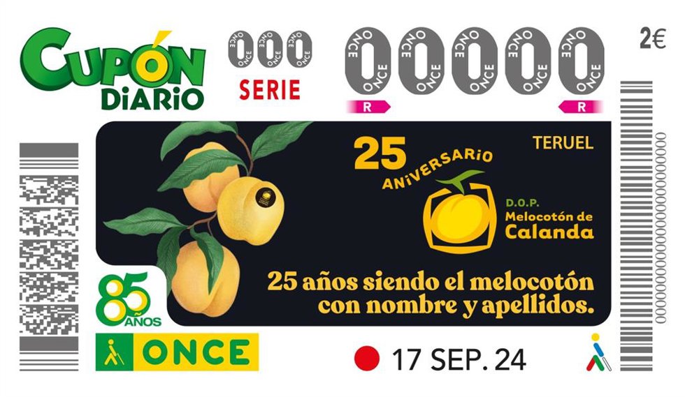 Cupón de la ONCE dedicado al melocotón de Calanda.