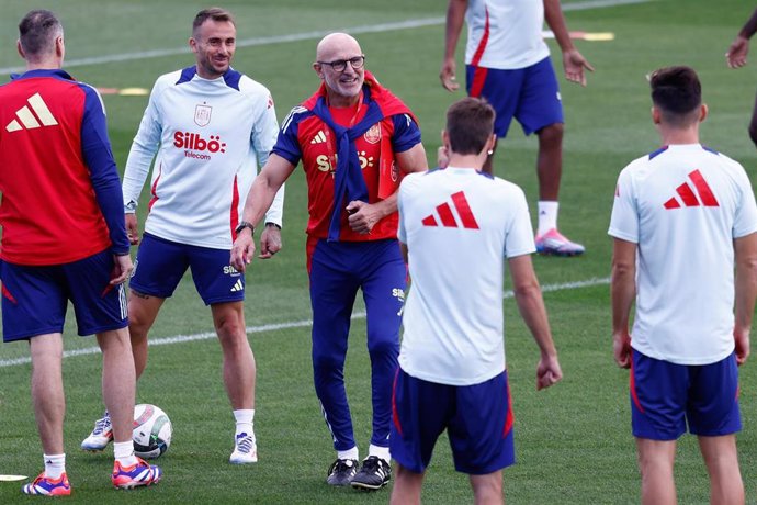 Luis de la Fuente smiles during the training session of Spain Team ahead the UEFA Nations League matches against Serbia and Switzerland at Ciudad del Futbol on September 04, 2024, in Las Rozas, Madrid, Spain.