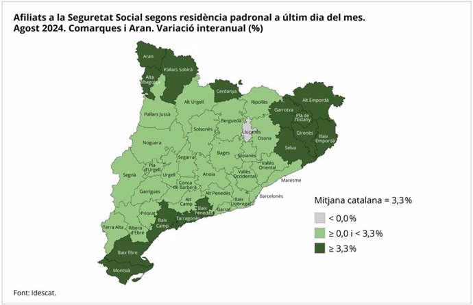 Afiliados a la Seguridad Social por comarcas a último día de agosto de 2024, según datos de Idescat