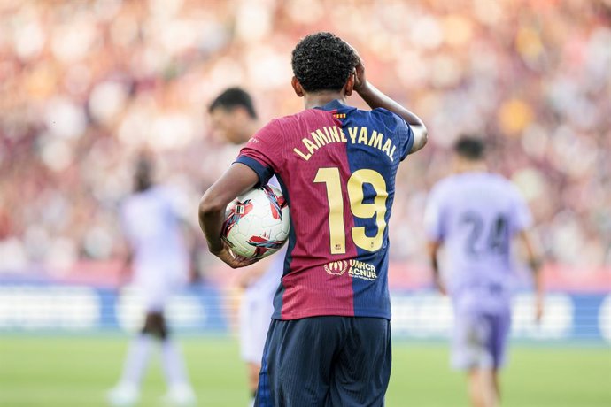 Lamine Yamal of FC Barcelona gestures during the Spanish league, La Liga EA Sports, football match played between FC Barcelona and Athletic Club de Bilbao at Estadio Olimpico de Montjuic on August 24, 2024 in Barcelona, Spain.