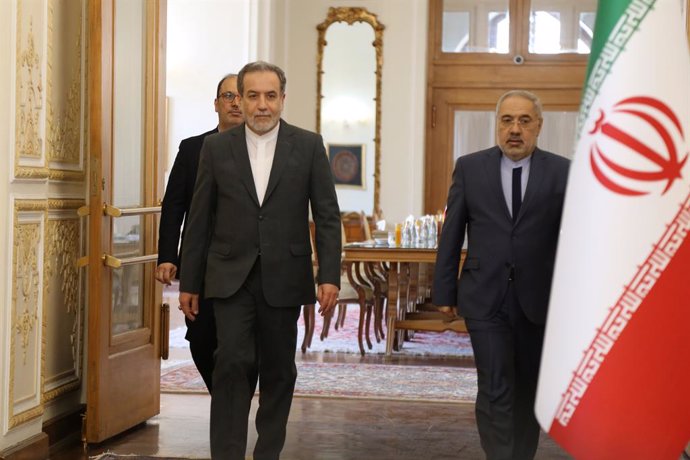 August 26, 2024, Tehran, Iran: Iranian Foreign Minister ABBAS ARAGHCHI (L) arrives before his meeting with his Qatari counterpart in Tehran. Qatar's prime minister is in Tehran to meet with Iranian officials over Iran-Israel tensions.