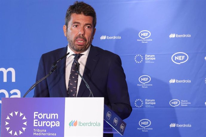 El 'president' de la Generalitat, Carlos Mazón, durante su intervención en un desayuno informativo de Fórum Europa Tribuna Mediterránea este martes en València