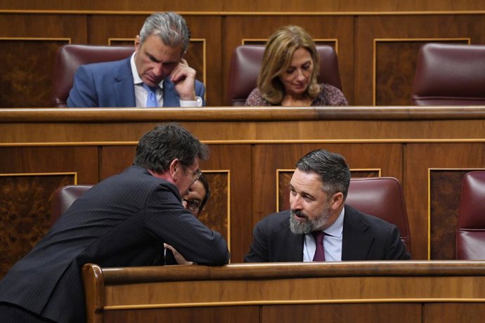 El presidente de VOX, Santiago Abascal, durante una sesión plenaria, en el Congreso de los Diputados, a 10 de septiembre de 2024, en Madrid (España). El Pleno del Congreso debate hoy y vota mañana, 11 de septiembre, la financiación singular de Cataluña pa