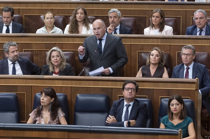 El portavoz del PP en el Congreso, Miguel Tellado, interviene durante una sesión de control al Gobierno, en el Congreso de los Diputados, a 11 de septiembre de 2024, en Madrid (España).