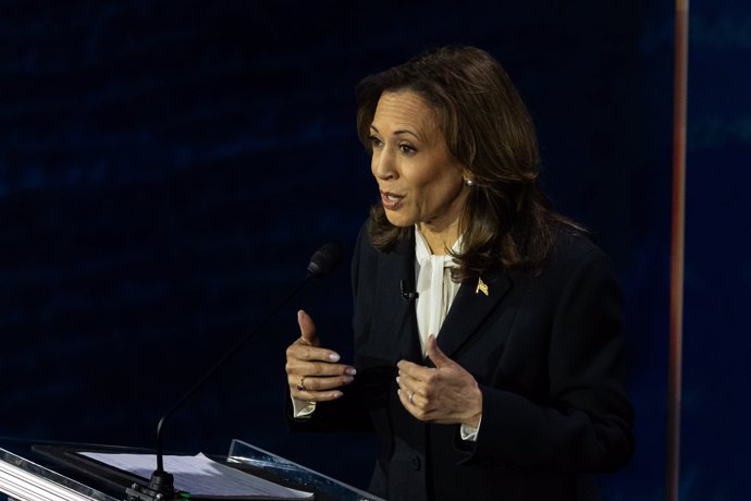 10 September 2024, US, Philadelphia: US Vice President Kamala Harris speaks on stage during during the ABC News Presidential Debate with US Former President Donald Trump. Photo: Michael Le Brecht II/ABC News/ZUMA Press Wire/dpa