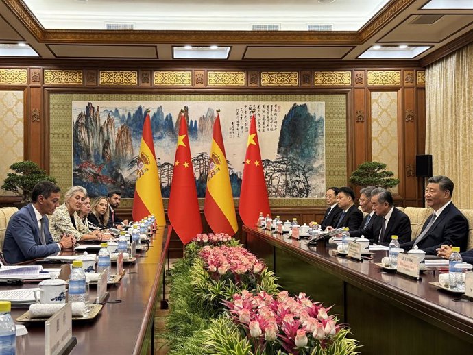 El presidente del Gobierno, Pedro Sánchez, durante su encuentro con el presidente de China, Xi Jinping, en Pekín