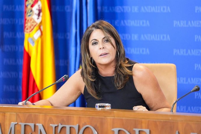 La portavoz del Grupo Socialista, Ángeles Férriz, este miércoles en rueda de prensa en el Parlamento de Andalucía. 