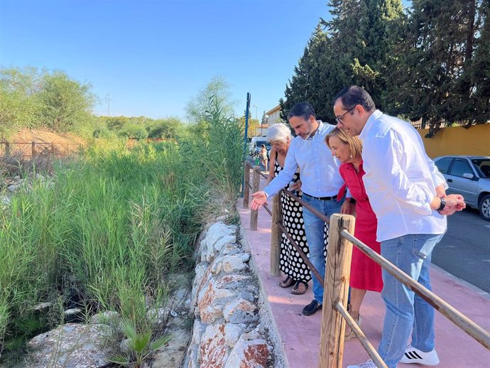 El portavoz socialista, Daniel Pérez, junto a Begoña Medina, Rubén Viruel y la presidenta de la Asociación Evolución de Campanillas, Carmen Fernández, además de vecinos del distrito, en Calle Fausto junto al arroyo La Rebanadilla.