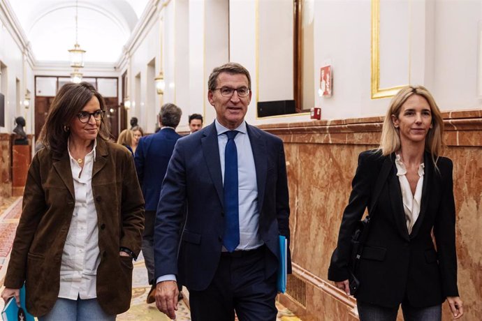 Archivo - El líder del PP, Alberto Núñez Feijóo (c) y la diputada del PP Cayetana Álvarez de Toledo (d) a su salida de una sesión plenaria, en el Congreso de los Diputados, a 12 de diciembre de 2023, en Madrid (España). El Pleno del Congreso acoge hoy el 