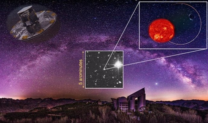 Una imagen artística del sistema binario G3425, que incluye una gigante roja visible y un agujero negro de baja masa invisible.