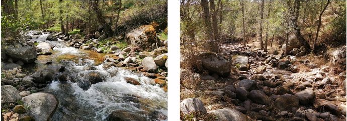 Garganta de Iruelas (Ávila) en fase húmeda (derecha) y seca (izquierda).