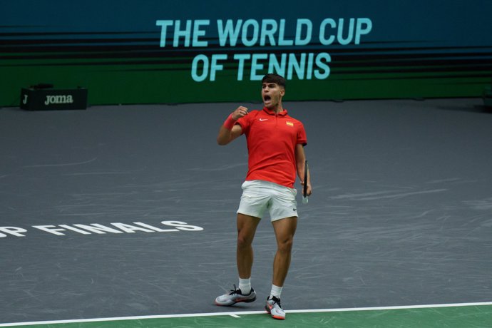 Carlos Alcaraz of Spain reacts against Tomas Machac of Czech Republic during the Davis Cup 2024, Group B, tennis match played between Czech Republic and Spain at Fuente de San Luis on September 11, 2024, in Valencia, Spain.