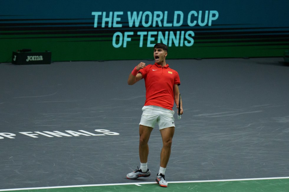 Carlos Alcaraz of Spain reacts against Tomas Machac of Czech Republic during the Davis Cup 2024, Group B, tennis match played between Czech Republic and Spain at Fuente de San Luis on September 11, 2024, in Valencia, Spain.