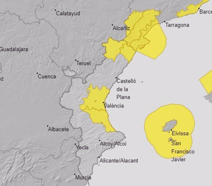 Decretan la alerta amarilla por lluvias en el litoral de Valencia y viento en el litoral e interior norte de Castellón