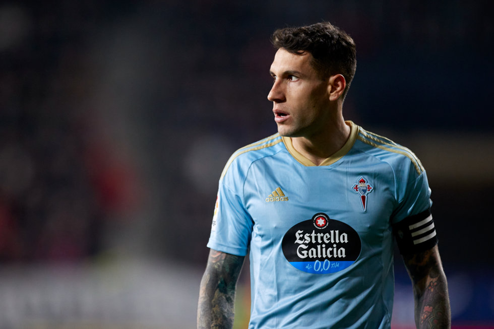 Hugo Mallo of RC Celta de Vigo looks on during the LaLiga Santander match between CA Osasuna and RC Celta de Vigo at El Sadar  on March 6, 2023, in Pamplona, Spain.