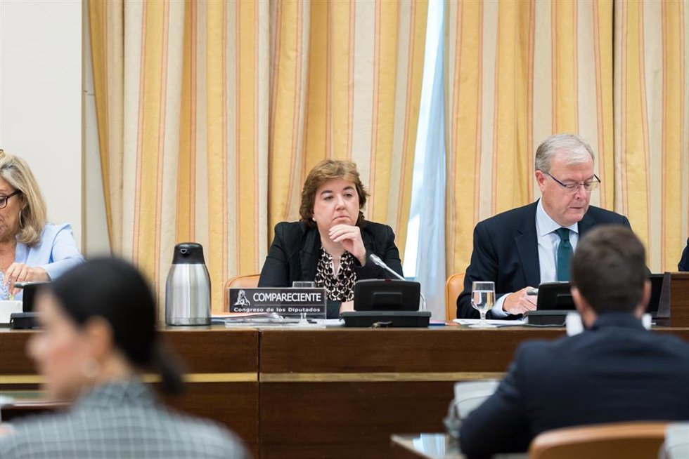 La presidenta interina del Consejo de Administración de la Corporación RTVE, Concepción Cascajosa y el senador del PP, Antonio Silván Rodríguez, en la Comisión Mixta de Control Parlamentario de la Corporación RTVE y sus Sociedades, en el Congreso de los