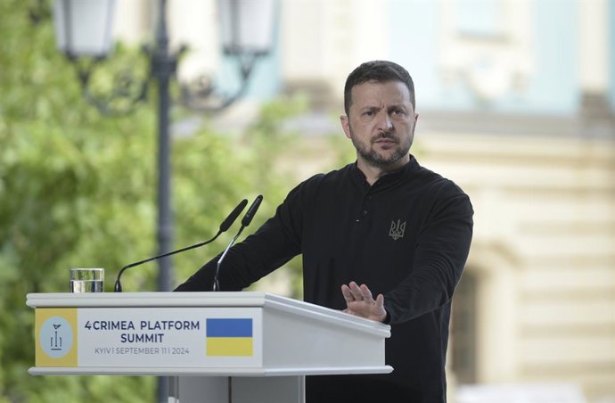 September 11, 2024, Kyiv, Ukraine: KYIV, UKRAINE - SEPTEMBER 11, 2024 - President of Ukraine Volodymyr Zelenskyy attends a news conference of the participants of the Fourth Crimea Platform Summit, Kyiv, capital of Ukraine.