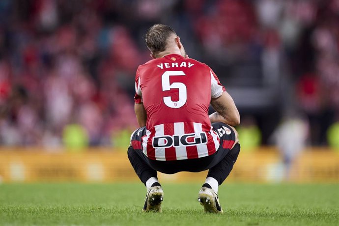 Yeray Alvarez of Athletic Club reacts during the LaLiga EA Sports match between Athletic Club and Atletico de Madrid at San Mames on August 31, 2024, in Bilbao, Spain.