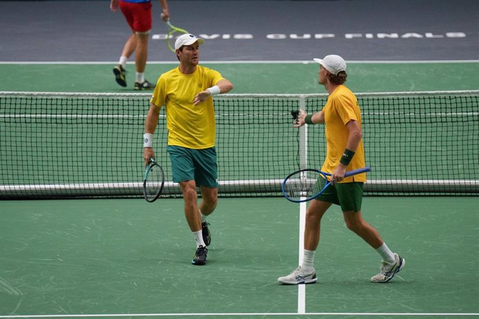 Matthew Ebden and Max Purcell of Australia play doubles against Jakub Mensik and Adam Pavlasek of Czech Republic during the Davis Cup 2024, Group B, tennis match played between Australia and Czech Republic at Fuente de San Luis on September 12, 2024, in V