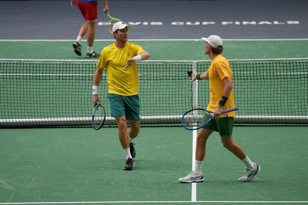 Matthew Ebden and Max Purcell of Australia play doubles against Jakub Mensik and Adam Pavlasek of Czech Republic during the Davis Cup 2024, Group B, tennis match played between Australia and Czech Republic at Fuente de San Luis on September 12, 2024, in