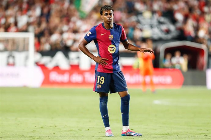 Lamine Yamal of FC Barcelona looks on during the Spanish league, La Liga EA Sports, football match played between Rayo Vallecano and FC Barcelona at Vallecas stadium on August 27, 2024, in Madrid, Spain.