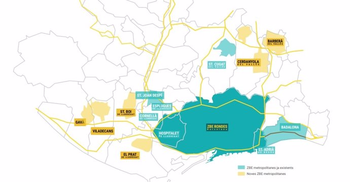 Mapa de las nuevas ZBE locales del área metropolitana de Barcelona.