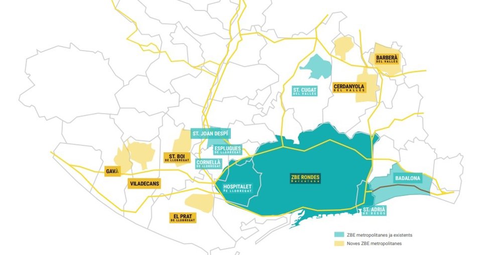 Mapa de las nuevas ZBE locales del área metropolitana de Barcelona.