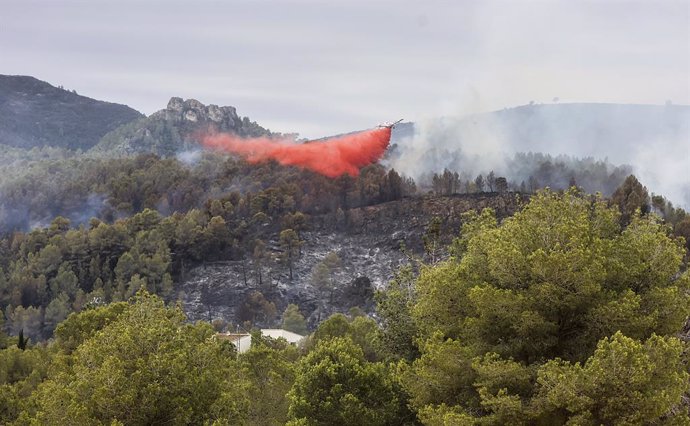 Fuego en el bosque del incendio forestal que comenzó en Simat, a 13 de septiembre de 2024, en Barcheta, Valencia, Comunidad Valenciana (España). El incendio forestal declarado hoy en la localidad valenciana de Simat continúa activo y se incorporan a la ex