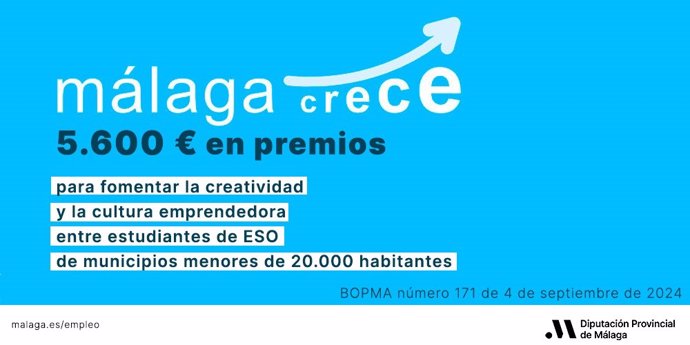 Cartel promocional del concurso Málaga Crece para estudiantes de ESO de municipios de menos de 20.000 habitantes.