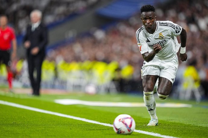 Vinicius Junior of Real Madrid in action during the Spanish League, LaLiga EA Sports, football match played between Real Madrid and Real Betis Balompie at Santiago Bernabeu stadium on September 01, 2024, in Madrid, Spain.