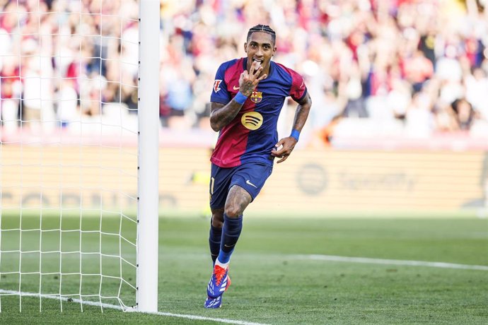 Raphinha Dias Belloli of FC Barcelona celebrates a goal during the Spanish league, La Liga EA Sports, football match played between FC Barcelona and Real Valladolid at Estadio Olimpico de Montjuic on August 31, 2024 in Barcelona, Spain.