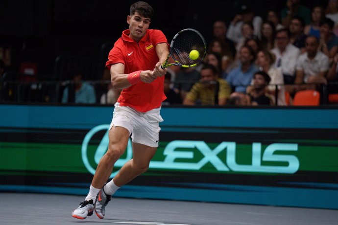 Carlos Alcaraz of Spain in action after winning against Ugo Humbert of France during the Davis Cup 2024, Group B, tennis match played between France and Spain at Fuente de San Luis on September 13, 2024, in Valencia, Spain.