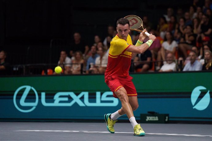 Roberto Bautista Agut of Spain in action against Arthur Fils of France during the Davis Cup 2024, Group B, tennis match played between France and Spain at Fuente de San Luis on September 13, 2024, in Valencia, Spain.