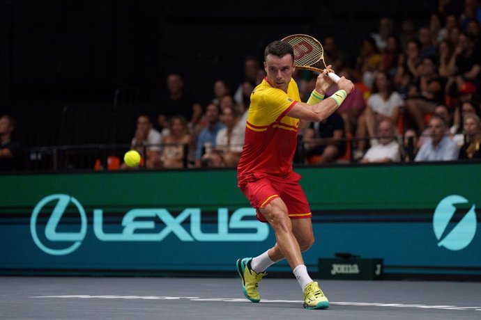 Roberto Bautista Agut of Spain in action against Arthur Fils of France during the Davis Cup 2024, Group B, tennis match played between France and Spain at Fuente de San Luis on September 13, 2024, in Valencia, Spain.