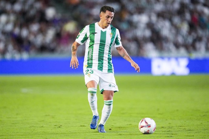 Cristian Carracedo of Cordoba CF in action during the Spanish league, LaLiga Hypermotion, football match played between Cordoba CF and Burgos CF at La Rosaleda stadium on August 26, 2024, in Cordoba, Spain.