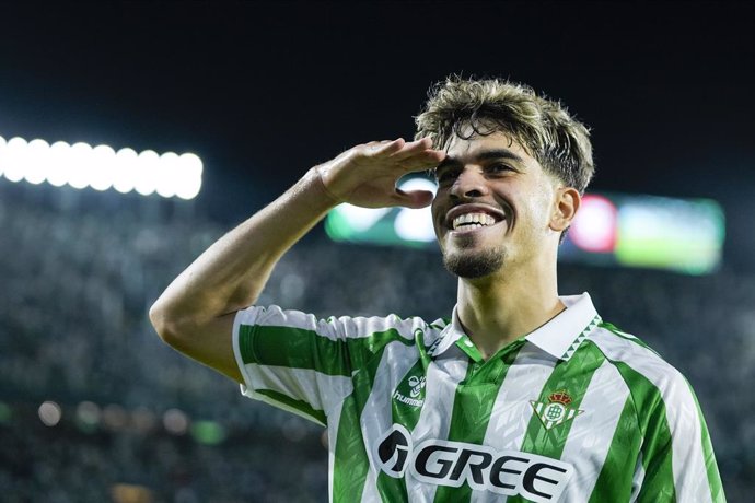 Abde Ezzalzouli of Real Betis celebrates a goal during the UEFA Conference League play-off first leg, football match played between Real Betis and FC Kryvbas Kryvyi Rih at Benito Villamarin stadium on August 29, 2024, in Sevilla, Spain.
