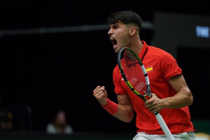 Carlos Alcaraz of Spain reacts against Tomas Machac of Czech Republic during the Davis Cup 2024, Group B, tennis match played between Czech Republic and Spain at Fuente de San Luis on September 11, 2024, in Valencia, Spain.