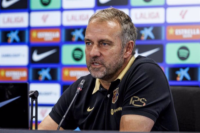 Hansi Flick, head coach of FC Barcelona attends his press conference during the training day of FC Barcelona ahead the Spanish League, La Liga EA Sports, football match against Real Valladolid at Ciudad Esportiva Joan Gamper on August 30, 2024 in Sant Joa