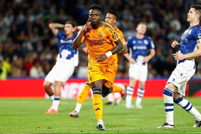 Vinicius Junior of Real Madrid celebrates a goal during the Spanish league, La Liga EA Sports, football match played between Real Sociedad and Real Madrid at Anoeta stadium on September 14, 2024, in San Sebastian, Spain.