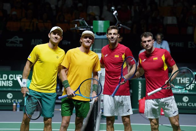 Marcel Granollers-Pujol and Pedro Martinez Portero of Spain and Matthew Ebden and Max Purcell of Australia pose for photo during the Davis Cup 2024, Group B, tennis match played between Australia and Spain at Fuente de San Luis on September 15, 2024, in V