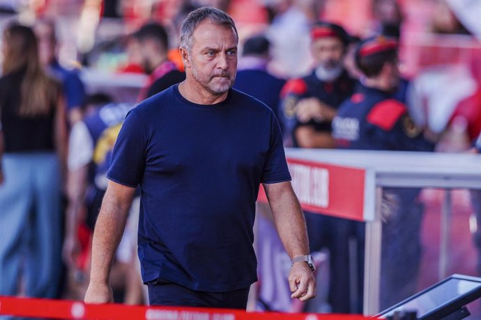 Hansi Flick, head coach of FC Barcelona, gestures during the Spanish league, La Liga EA Sports, football match played between Girona FC and FC Barcelona at Estadio de Montilivi on September 15, 2024 in Girona, Spain.