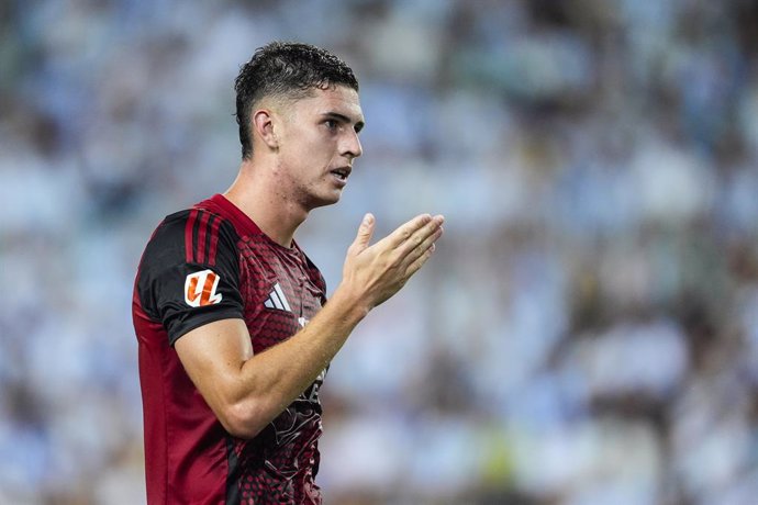 Joaquin Panichelli of CD Mirandes celebrates a goal during the Spanish league, LaLiga Hypermotion, football match played between Malaga CF and CD Mirandes at La Rosaleda stadium on August 24, 2024, in Malaga, Spain.