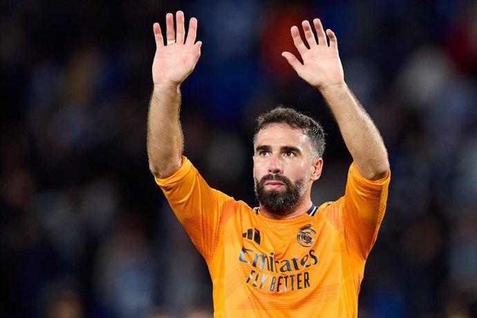 Dani Carvajal of Real Madrid CF reacts during the LaLiga EA Sports match between Real Sociedad and Real Madrid CF at Reale Arena on September 14, 2024, in San Sebastian, Spain.