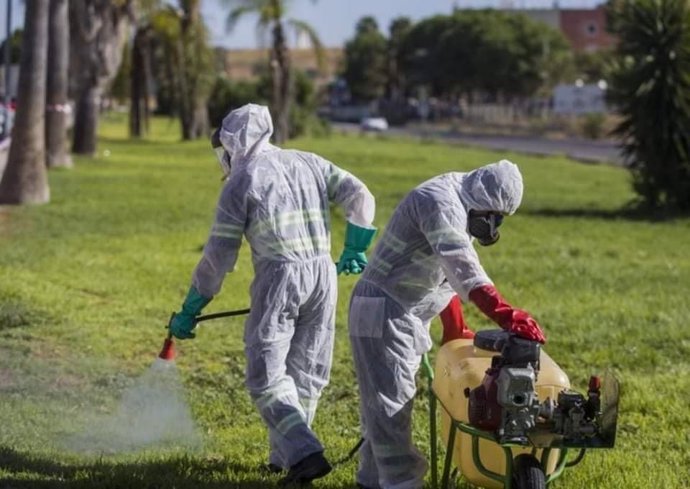 Archivo - Labores de fumigación de parques y zonas verdes contra el mosquito del virus del Nilo, en foto de archivo.