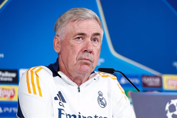 Carlo Ancelotti, head coach of Real Madrid, attends his press conferenceahead the Champions League, football match against VfB Stuttgart at Ciudad Deportiva Real Madrid on September 16, 2024, in Valdebebas, Madrid, Spain.