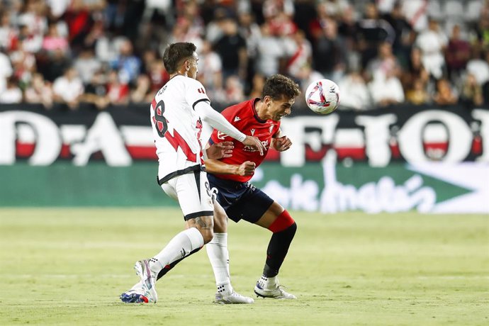 Oscar Trejo of Rayo Vallecano and Lucas Torro of CA Osasuna in action during the Spanish league, LaLiga EA Sports, football match played between Rayo Vallecano and CA Osasuna at Vallecas stadium on September 16, 2024, in Madrid, Spain.