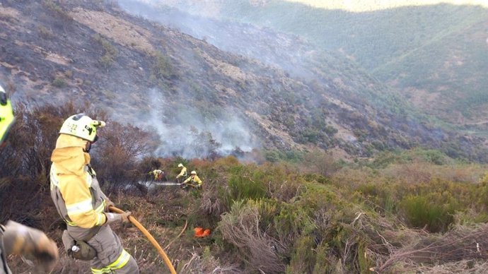 Personal de emergencias trabajando en el incendio de Viniegra de Abajo (La Rioja)