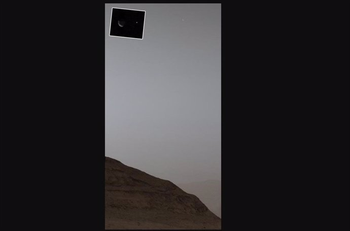 La Tierra y la luna Fobos en la misma imagen del rover Curiosity en Marte