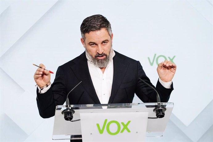 El presidente de VOX, Santiago Abascal, durante una rueda de prensa posterior al Comité de Acción Política de VOX, a 2 de septiembre de 2024, en Madrid (España).