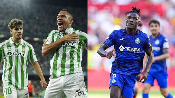 Los jugadores del Betis Ez Abde y Vitor Roque; y el del Getafe Chrisantus Uche.